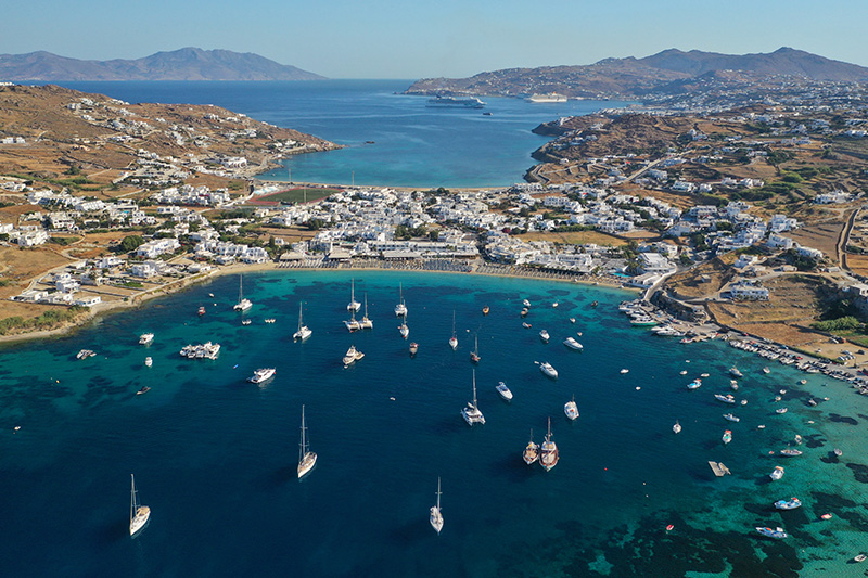 Ornos bay Mykonos, south coast with yachts 