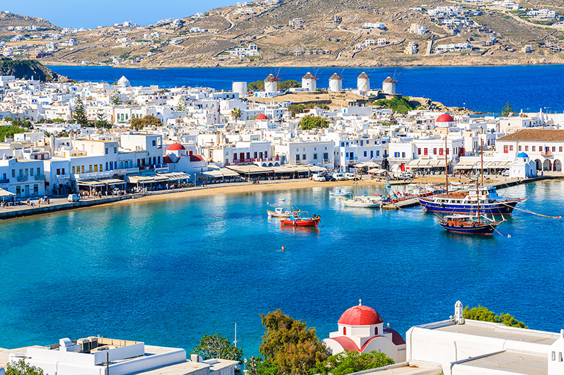 Mykonos port with windmills